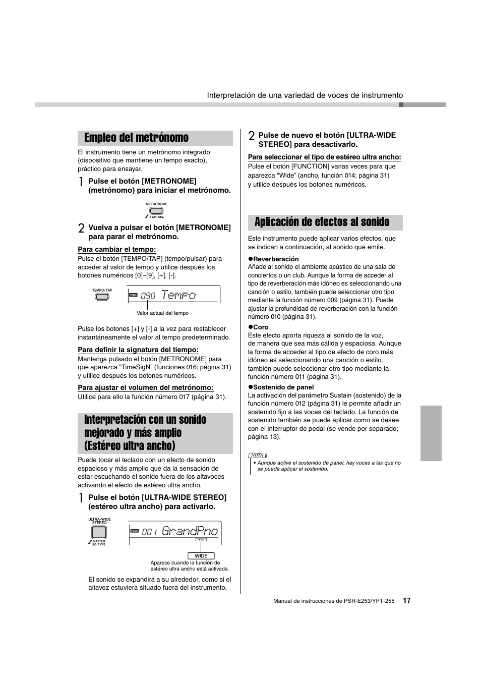 Empleo del metrónomo, Aplicación de efectos al sonido, Y más amplio (estéreo ultra ancho) | Tempo, Grandpno | Yamaha PSR-E253 User Manual | Page 17 / 48