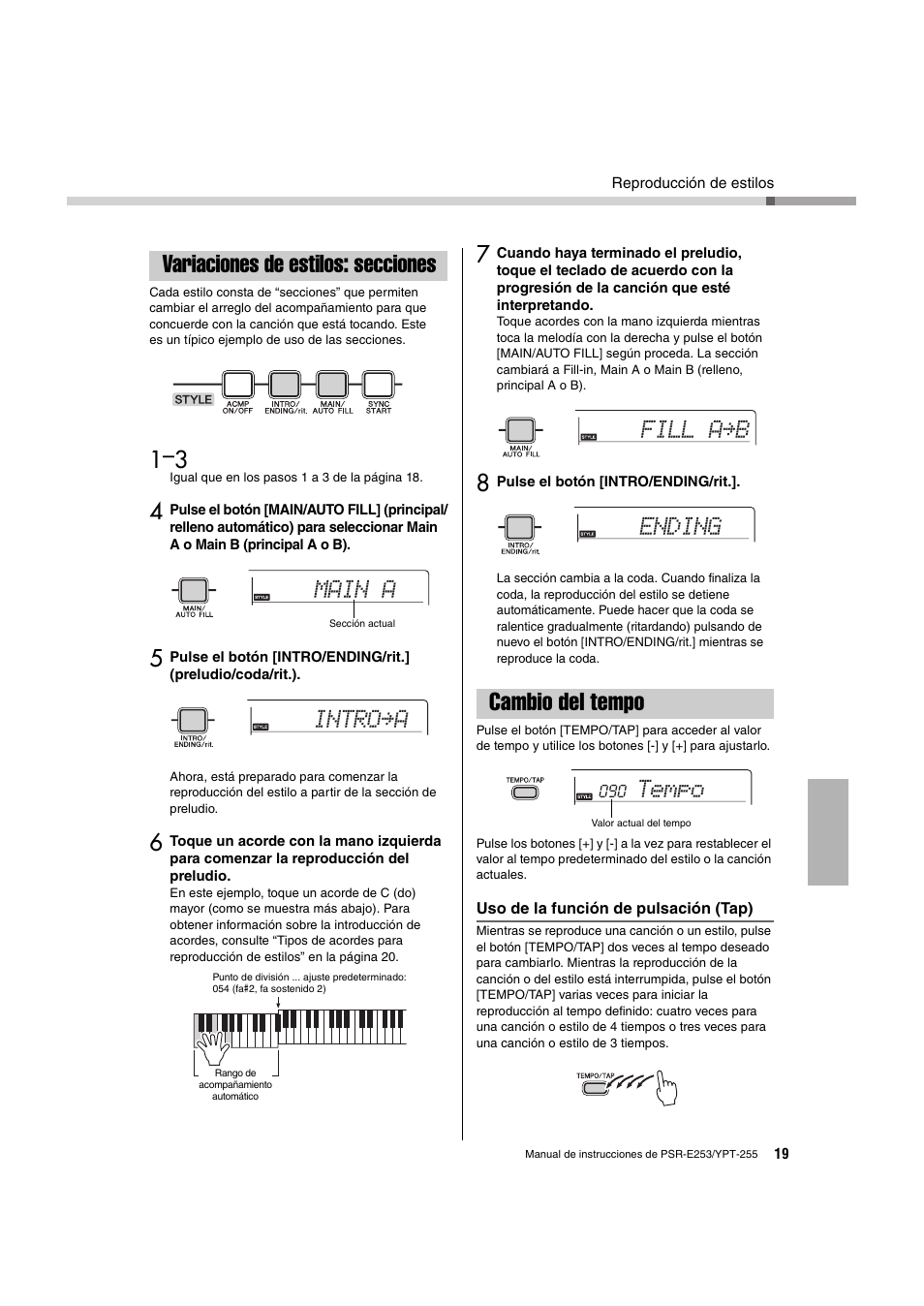 Variaciones de estilos: secciones, Cambio del tempo, Variaciones de estilos: secciones cambio del tempo | Main a, Intro≥a, Fill a≥b ending tempo | Yamaha PSR-E253 User Manual | Page 19 / 48