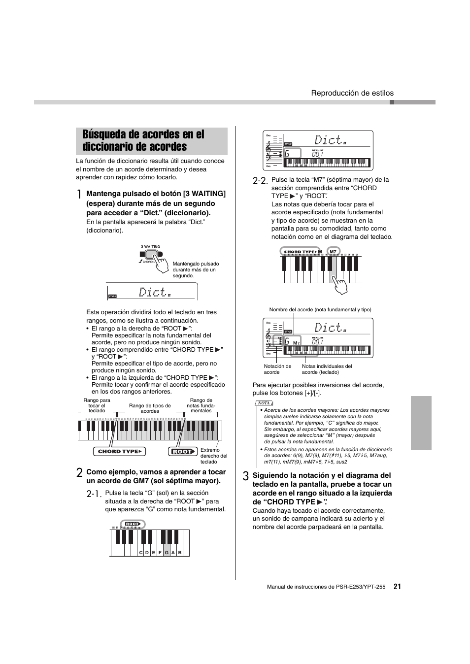 Búsqueda de acordes en el diccionario de acordes, Búsqueda de acordes en, El diccionario de acordes | Dict | Yamaha PSR-E253 User Manual | Page 21 / 48