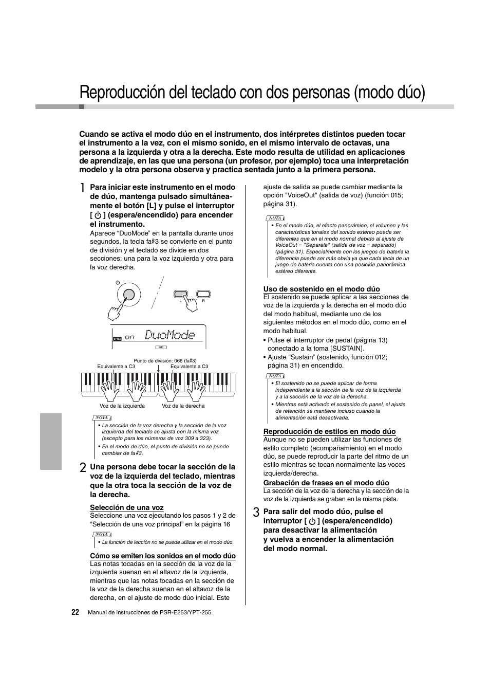 Reproducción del teclado con, Duomode | Yamaha PSR-E253 User Manual | Page 22 / 48