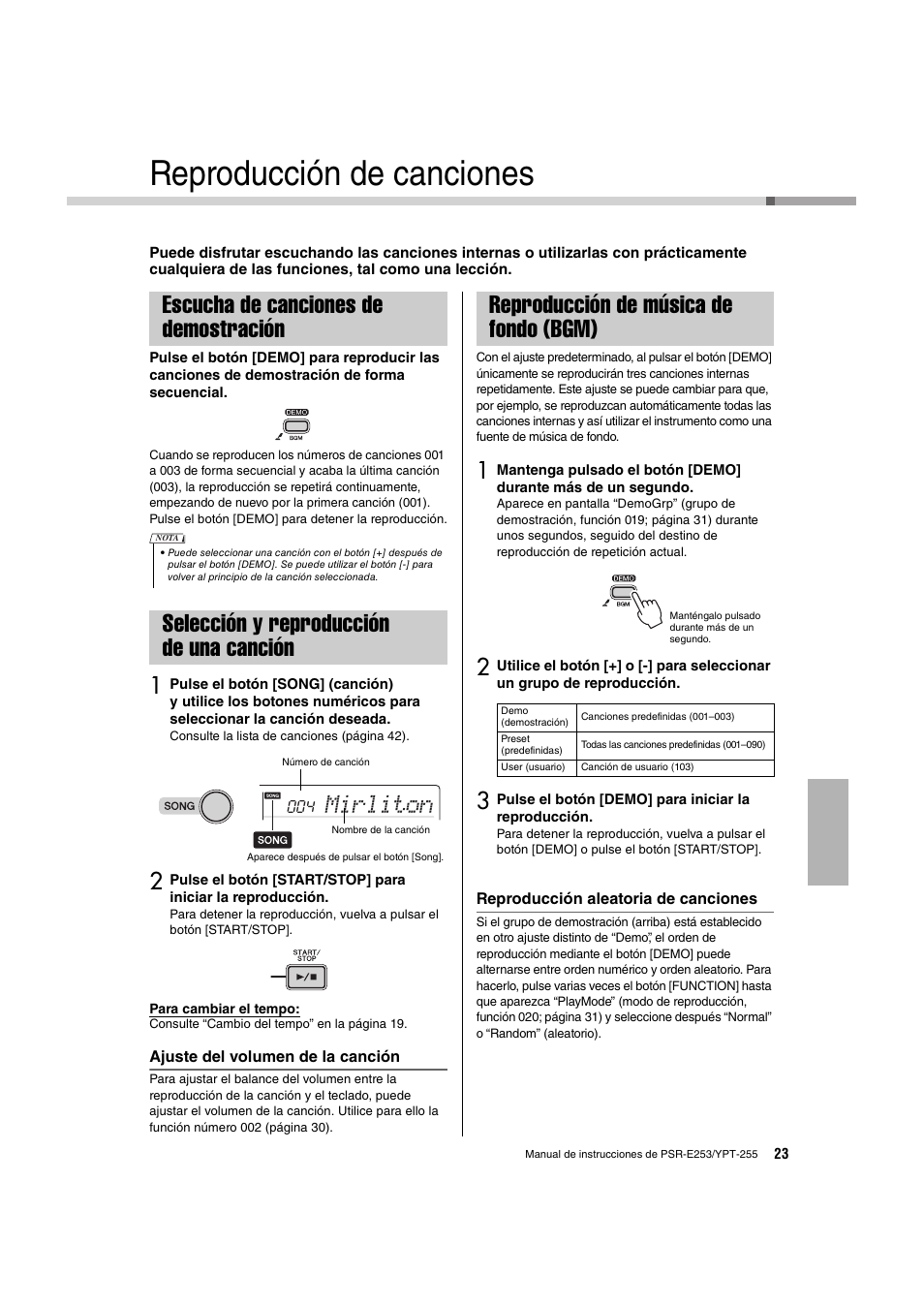 Reproducción de canciones, Escucha de canciones de demostración, Selección y reproducción de una canción | Reproducción de música de fondo (bgm), Mirliton | Yamaha PSR-E253 User Manual | Page 23 / 48