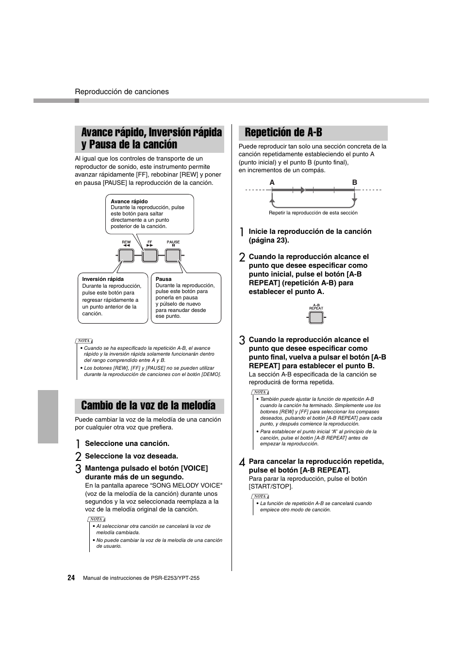 Cambio de la voz de la melodía, Repetición de a-b, Cambio de la voz de la melodía repetición de a-b | Yamaha PSR-E253 User Manual | Page 24 / 48