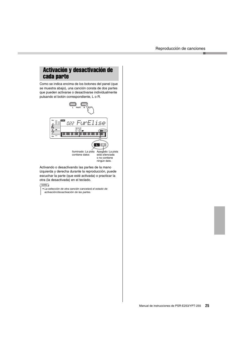 Activación y desactivación de cada parte, Furelise | Yamaha PSR-E253 User Manual | Page 25 / 48