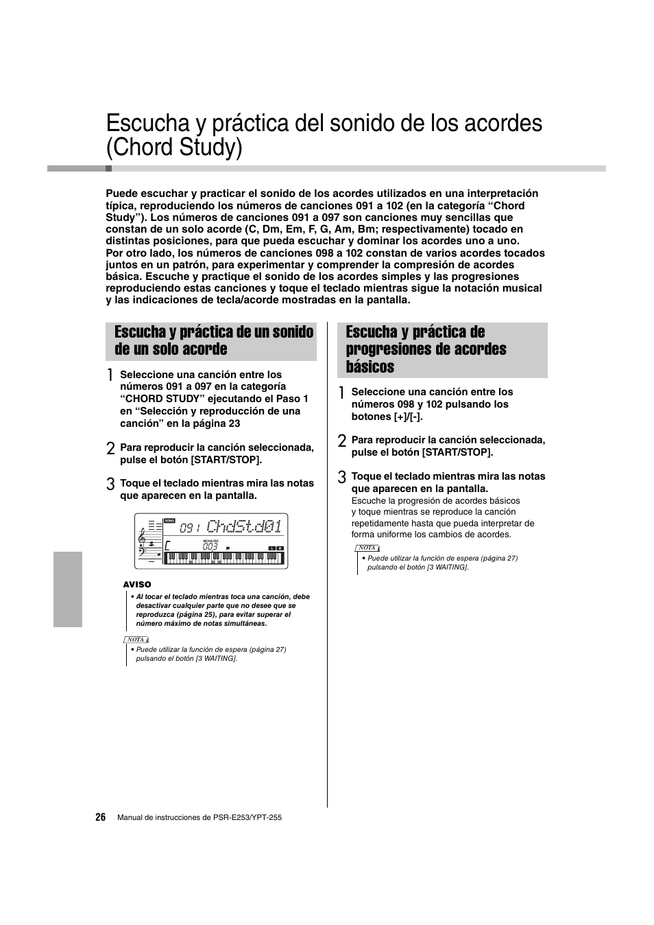 Escucha y práctica de un sonido de un solo acorde, Escucha y práctica del sonido, Escucha y práctica de un sonido | De un solo acorde, Escucha y práctica de progresiones, De acordes básicos, Chdstd01 | Yamaha PSR-E253 User Manual | Page 26 / 48