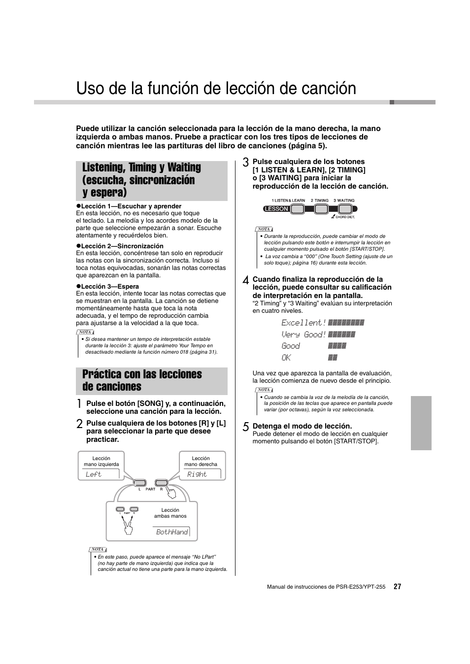 Uso de la función de lección de canción, Práctica con las lecciones de canciones, Listening, timing y waiting | Escucha, sincronización y espera) | Yamaha PSR-E253 User Manual | Page 27 / 48