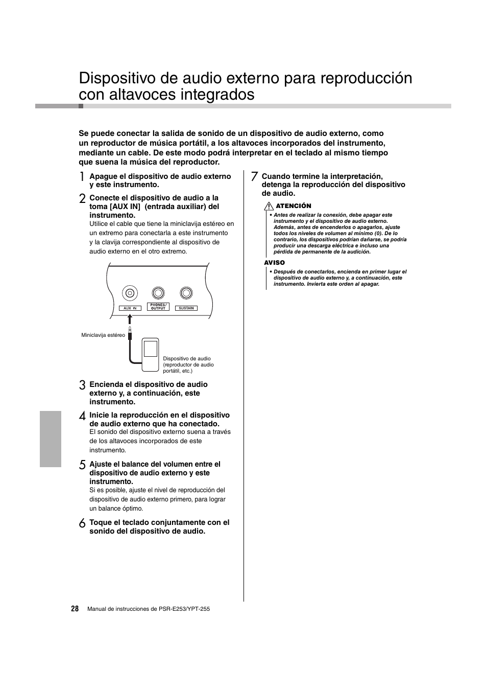 Dispositivo de audio externo para | Yamaha PSR-E253 User Manual | Page 28 / 48