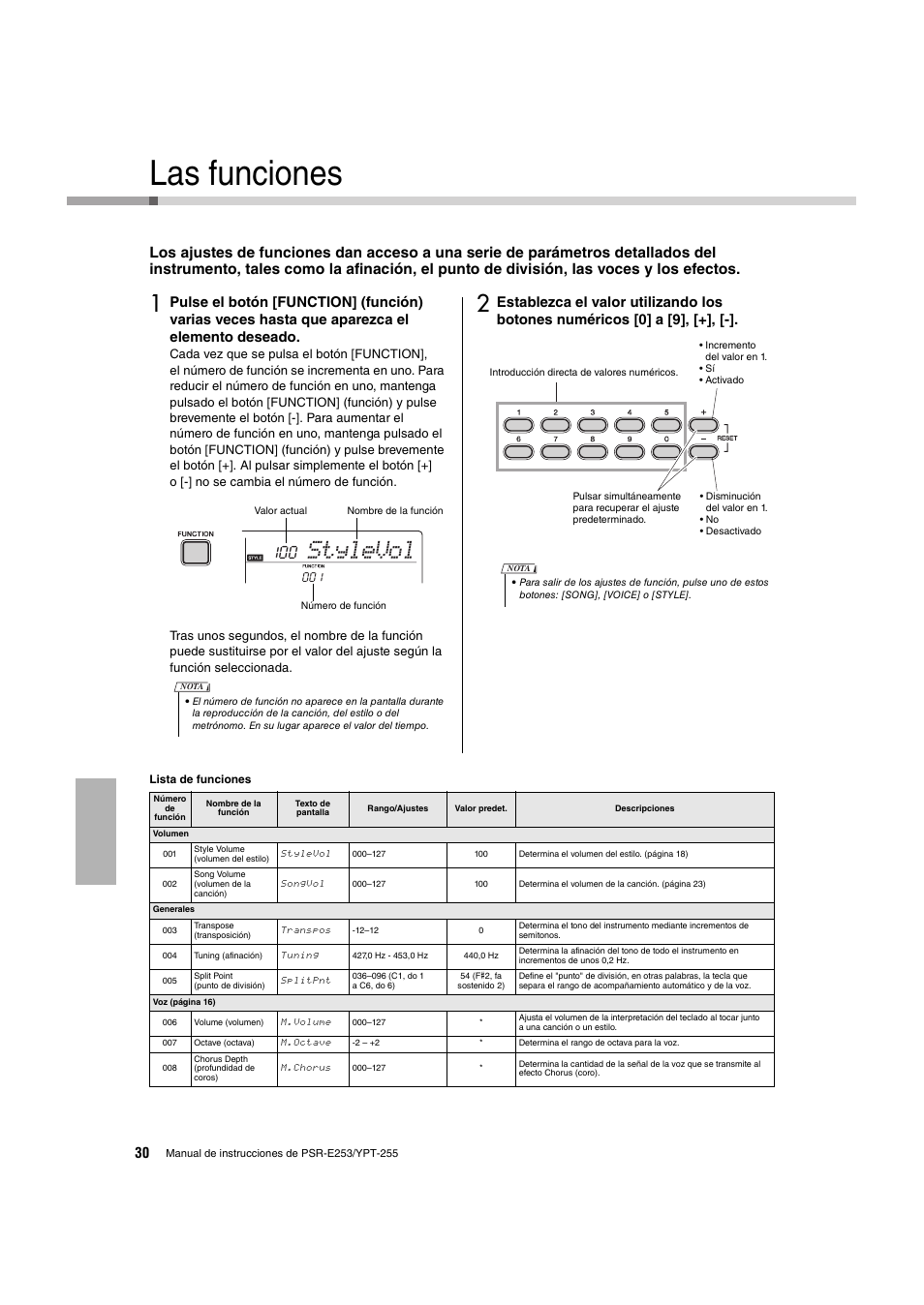 Las funciones, Stylevol | Yamaha PSR-E253 User Manual | Page 30 / 48