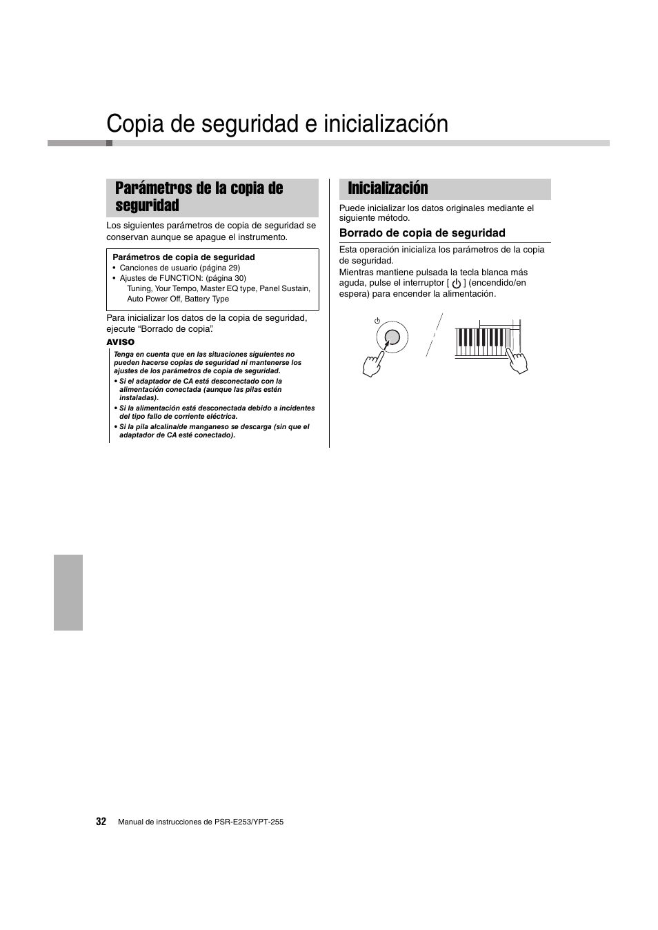 Copia de seguridad e inicialización, Parámetros de la copia de seguridad, Inicialización | Parámetros de la copia de seguridad inicialización | Yamaha PSR-E253 User Manual | Page 32 / 48