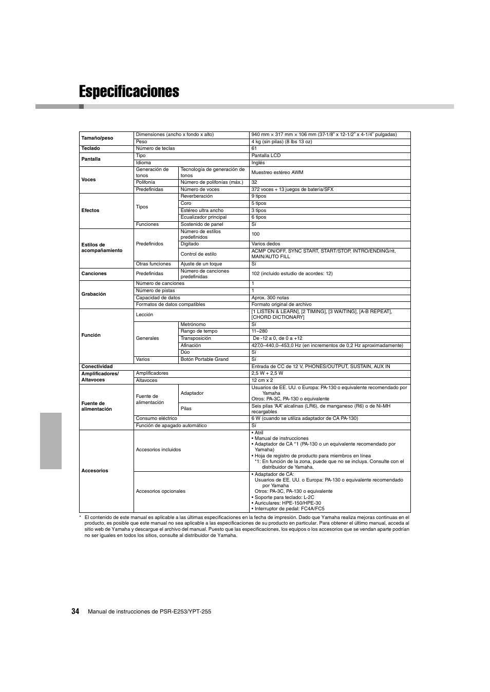 Especificaciones | Yamaha PSR-E253 User Manual | Page 34 / 48