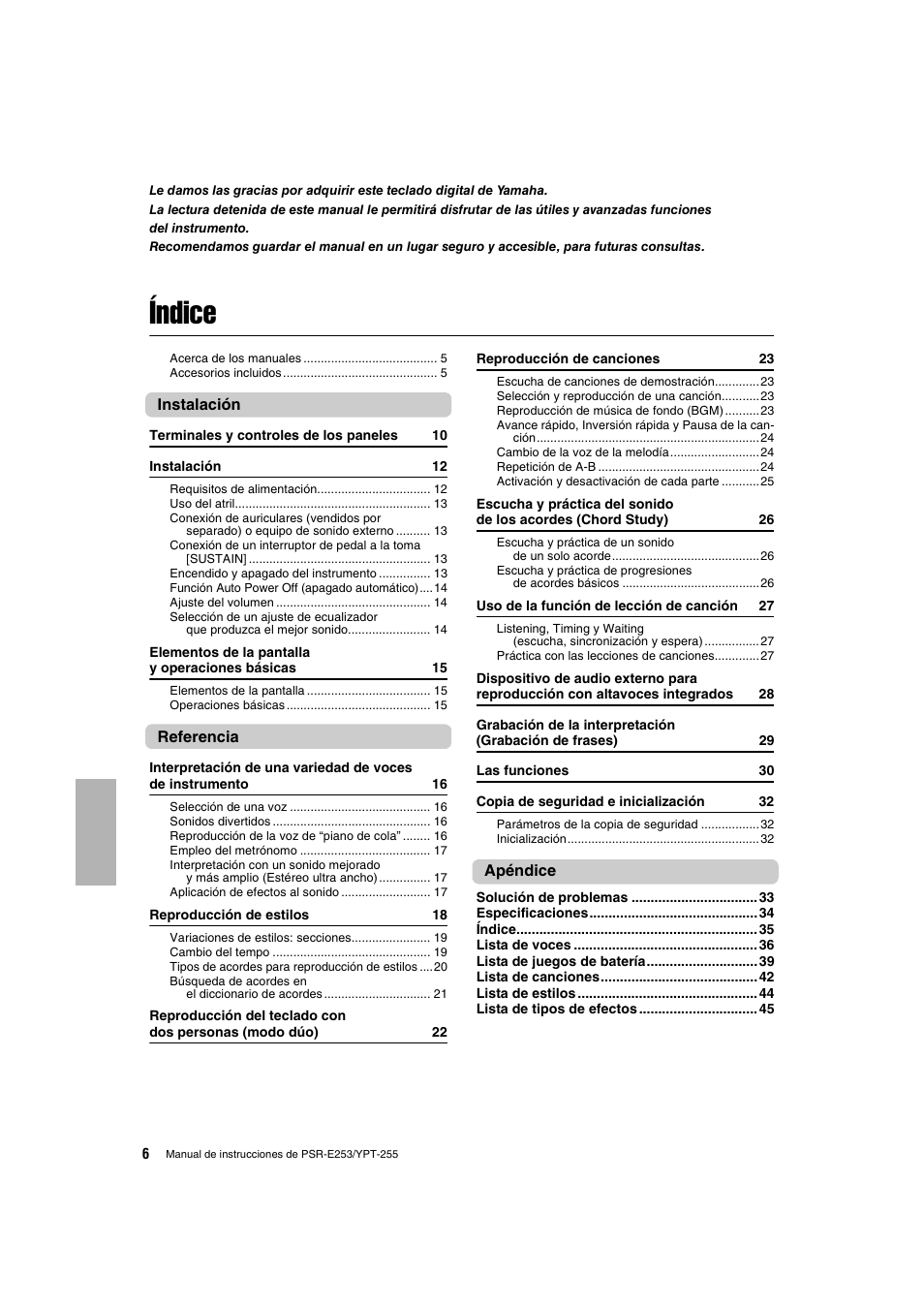 Índice | Yamaha PSR-E253 User Manual | Page 6 / 48