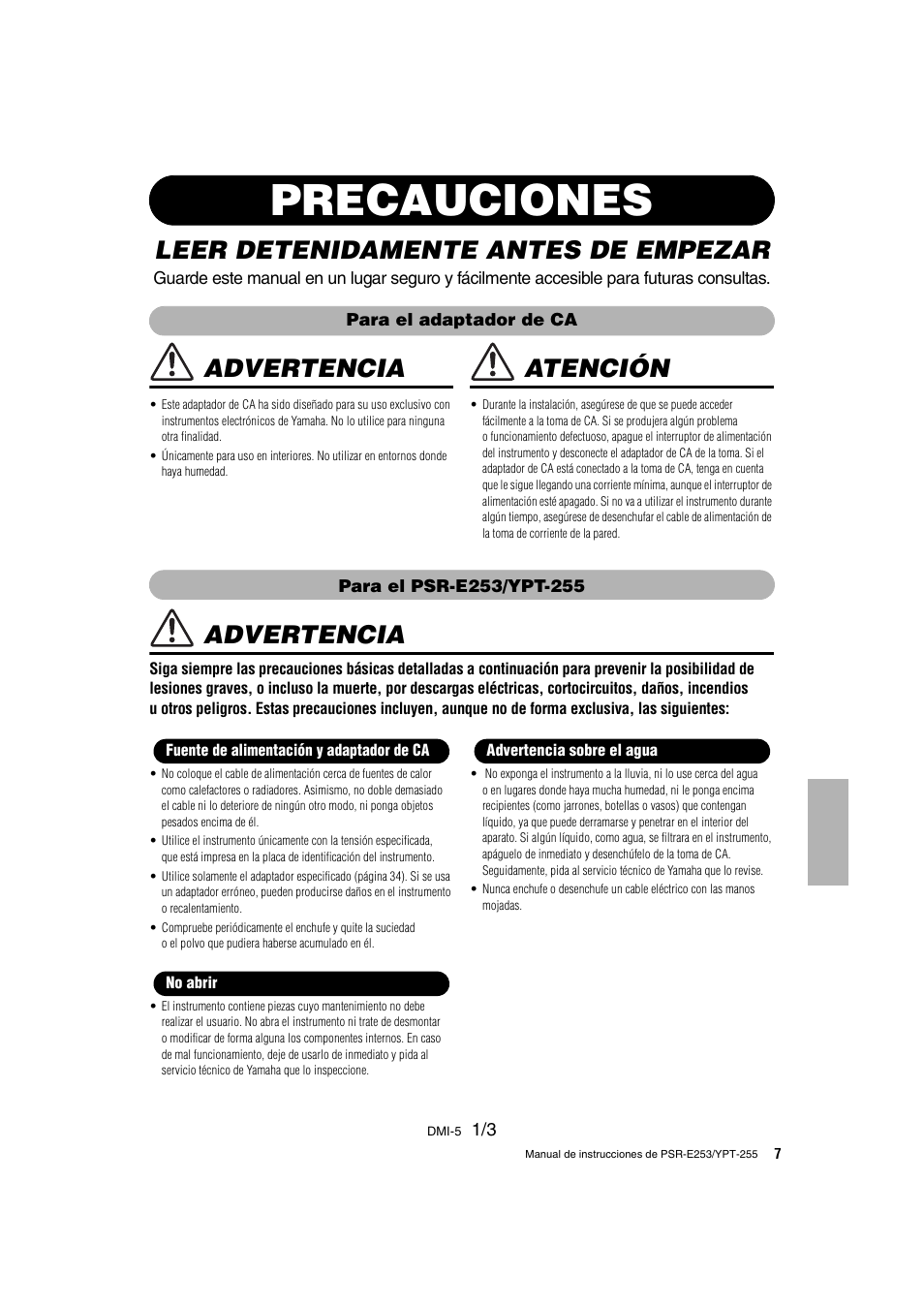 Precauciones, Leer detenidamente antes de empezar, Advertencia | Atención | Yamaha PSR-E253 User Manual | Page 7 / 48