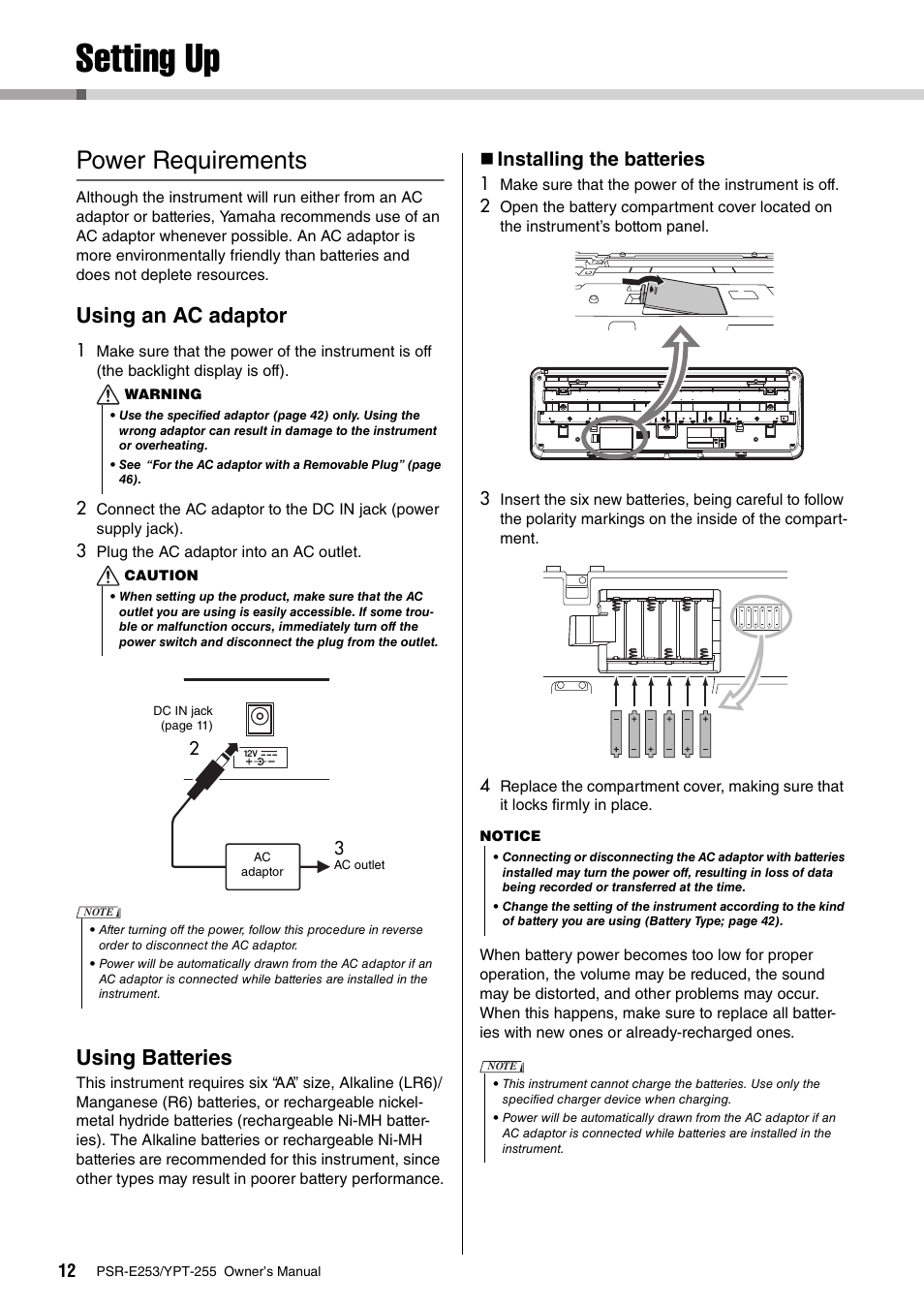 Setting up, Power requirements, Using an ac adaptor | Using batteries, Installing the batteries | Yamaha PSR-E253 User Manual | Page 12 / 48