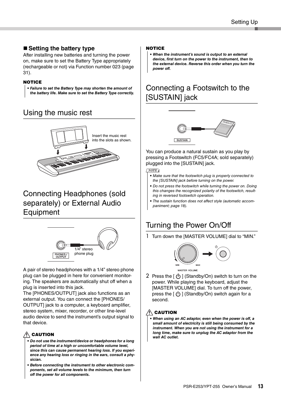 Using the music rest, Connecting a footswitch to the [sustain] jack, Turning the power on/off | External audio equipment, Setting the battery type, Setting up | Yamaha PSR-E253 User Manual | Page 13 / 48