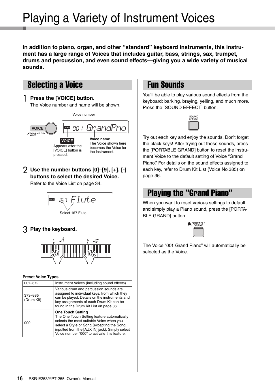 Reference, Playing a variety of instrument voices, Selecting a voice | Fun sounds, Playing the “grand piano, Fun sounds playing the “grand piano, Grandpno, Flute | Yamaha PSR-E253 User Manual | Page 16 / 48