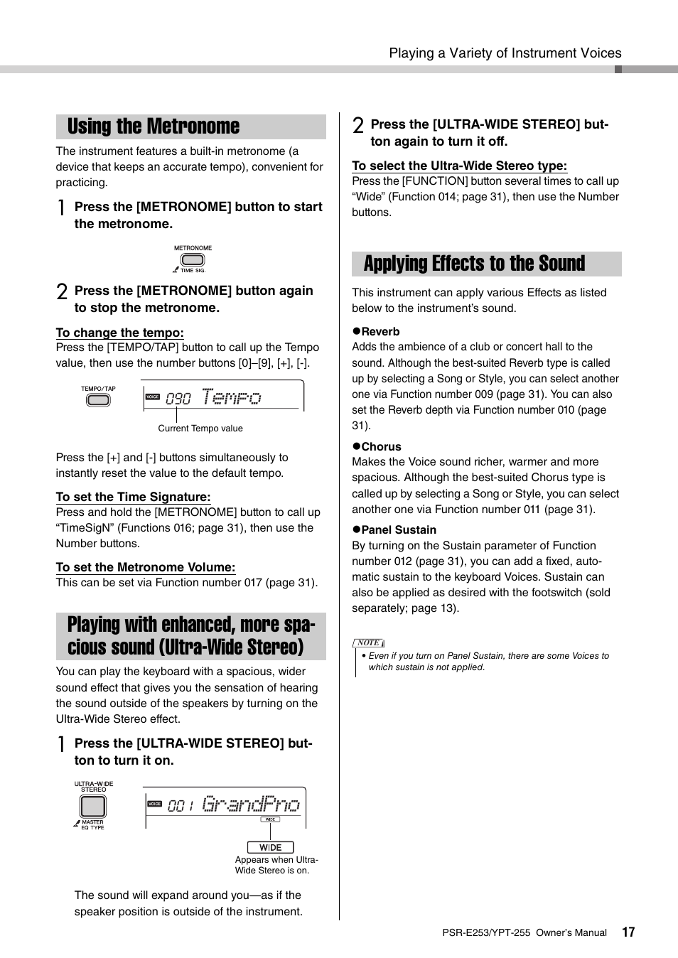 Using the metronome, Applying effects to the sound, Ultra-wide stereo) | Tempo, Grandpno | Yamaha PSR-E253 User Manual | Page 17 / 48