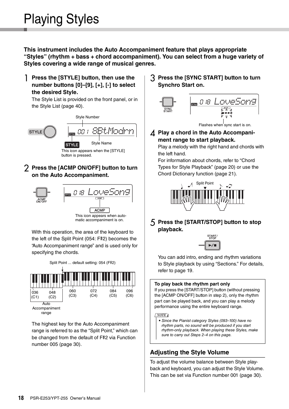 Playing styles, 8btmodrn, Lovesong | Yamaha PSR-E253 User Manual | Page 18 / 48