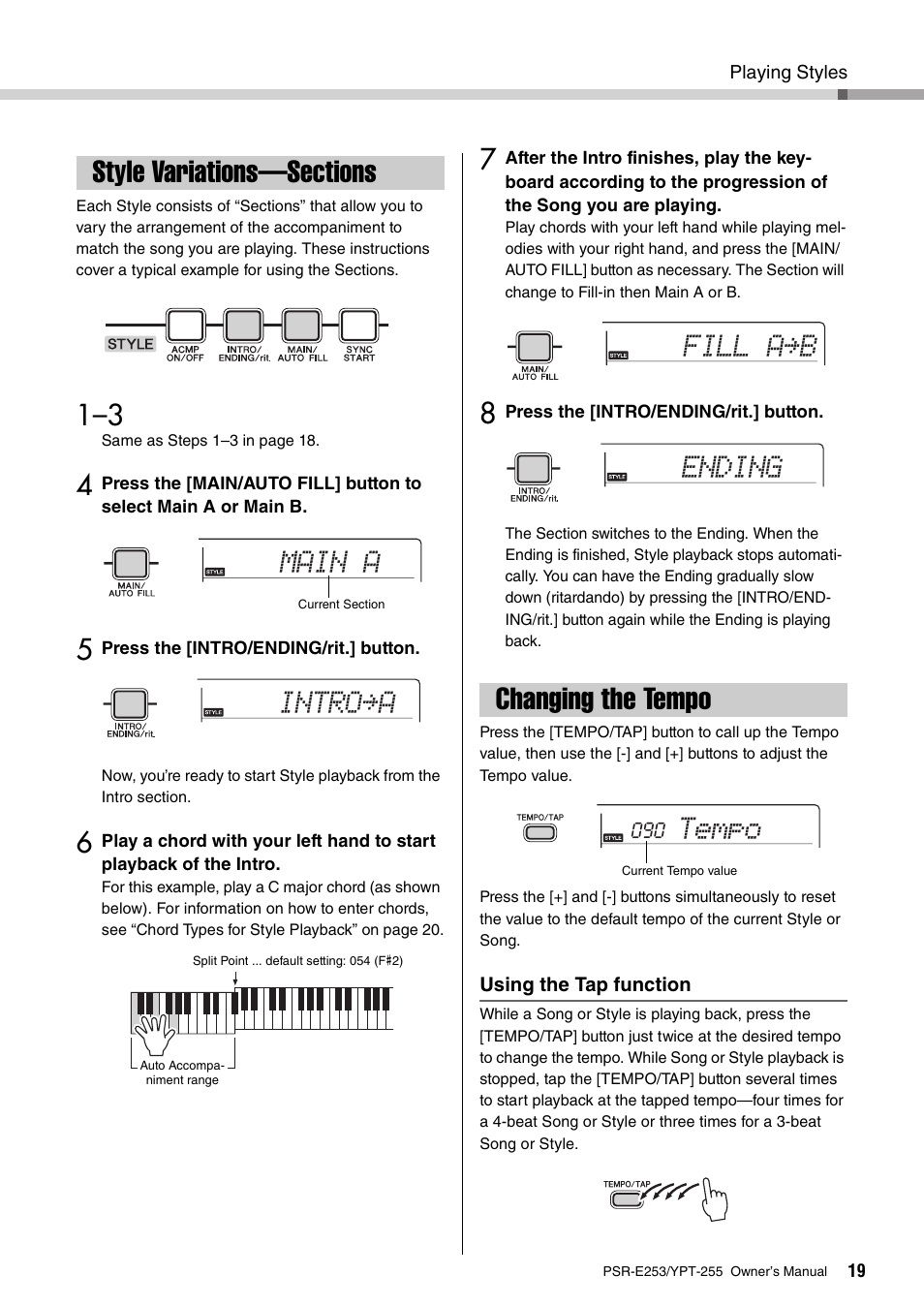 Style variations—sections, Changing the tempo, Style variations—sections changing the tempo | Main a, Intro≥a, Fill a≥b ending tempo | Yamaha PSR-E253 User Manual | Page 19 / 48