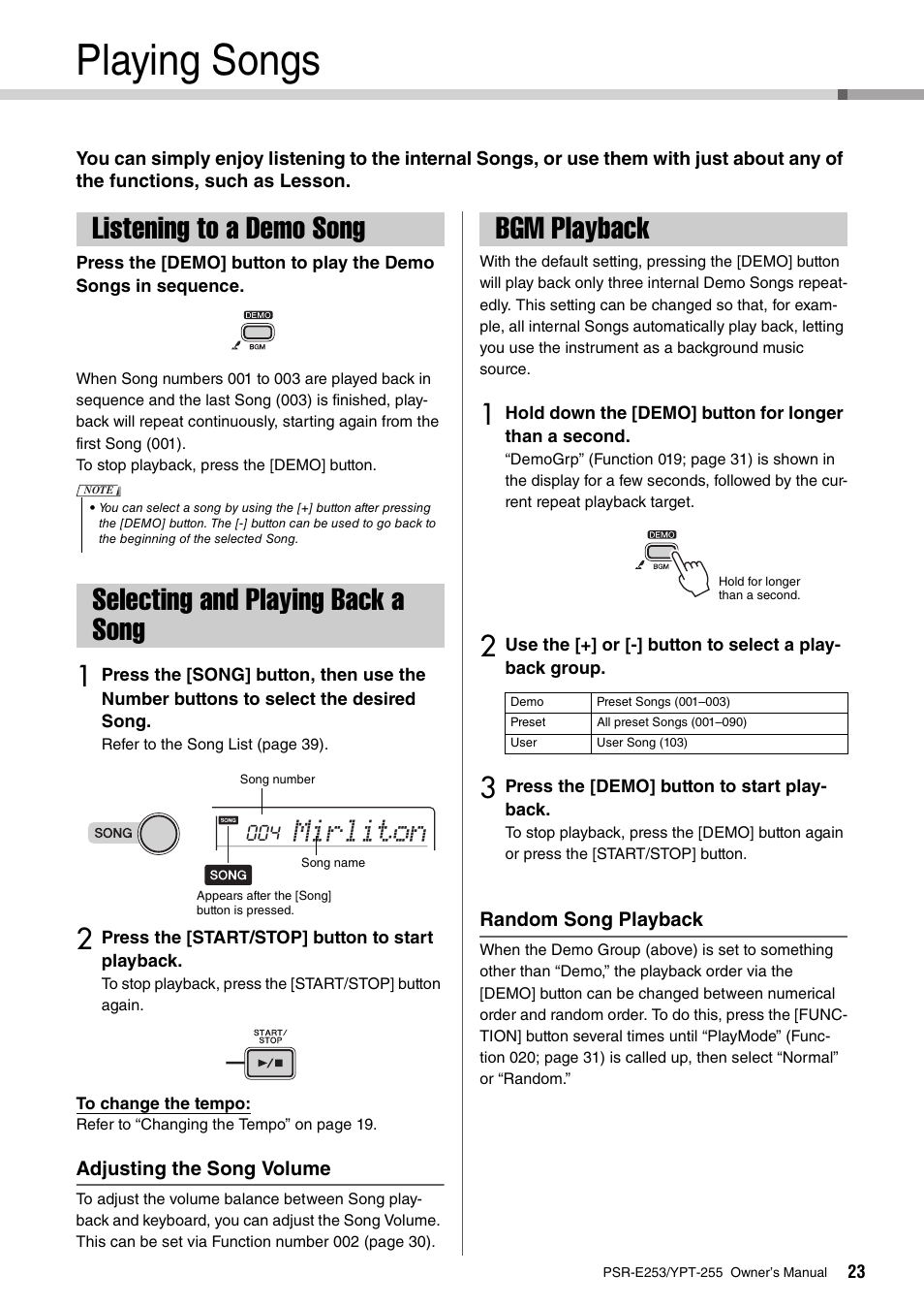 Playing songs, Listening to a demo song, Selecting and playing back a song | Bgm playback, Mirliton | Yamaha PSR-E253 User Manual | Page 23 / 48