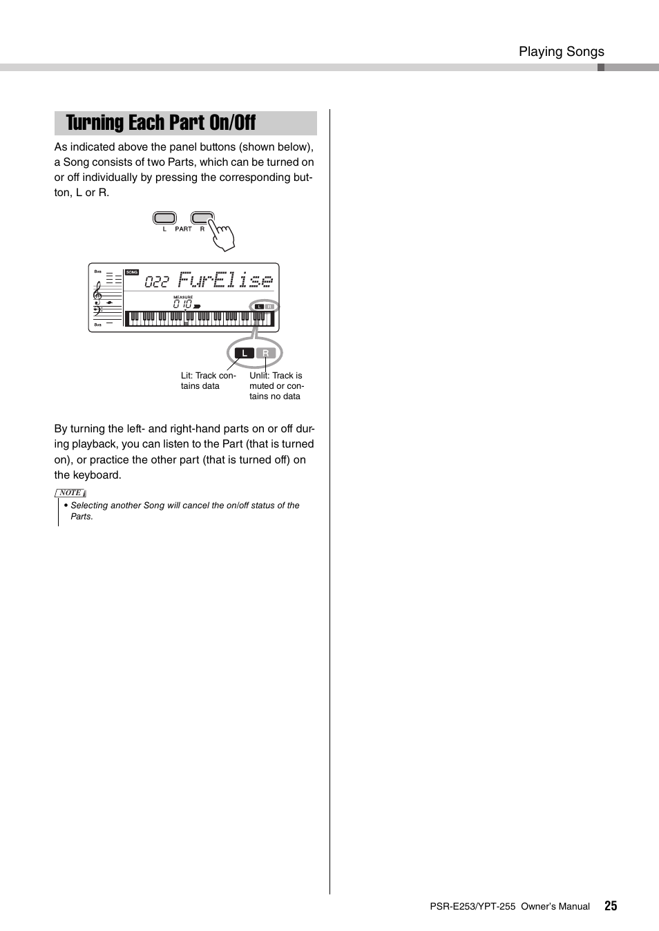 Turning each part on/off, Furelise | Yamaha PSR-E253 User Manual | Page 25 / 48