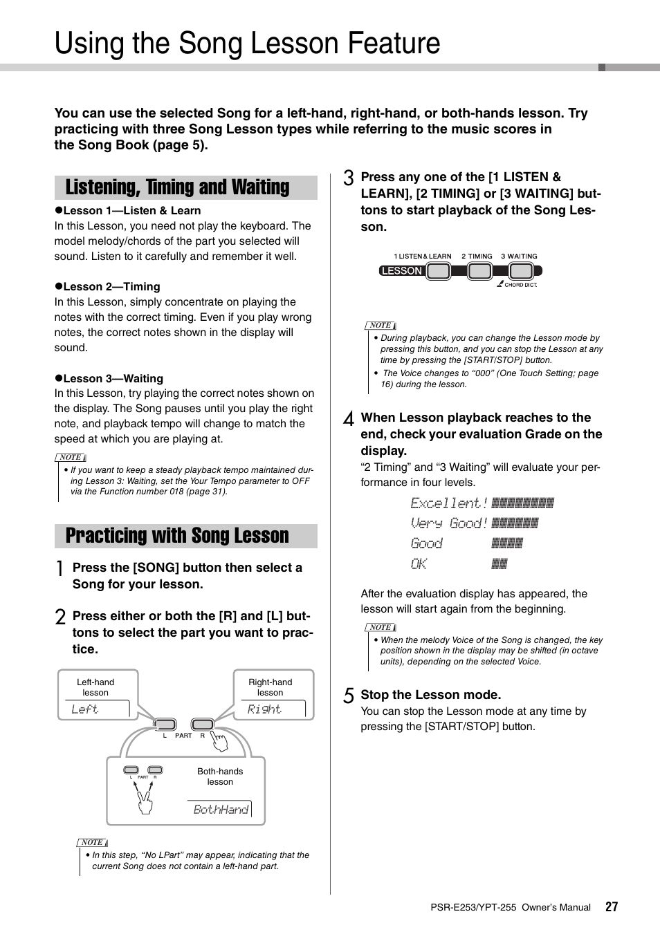 Using the song lesson feature, Listening, timing and waiting, Practicing with song lesson | Yamaha PSR-E253 User Manual | Page 27 / 48