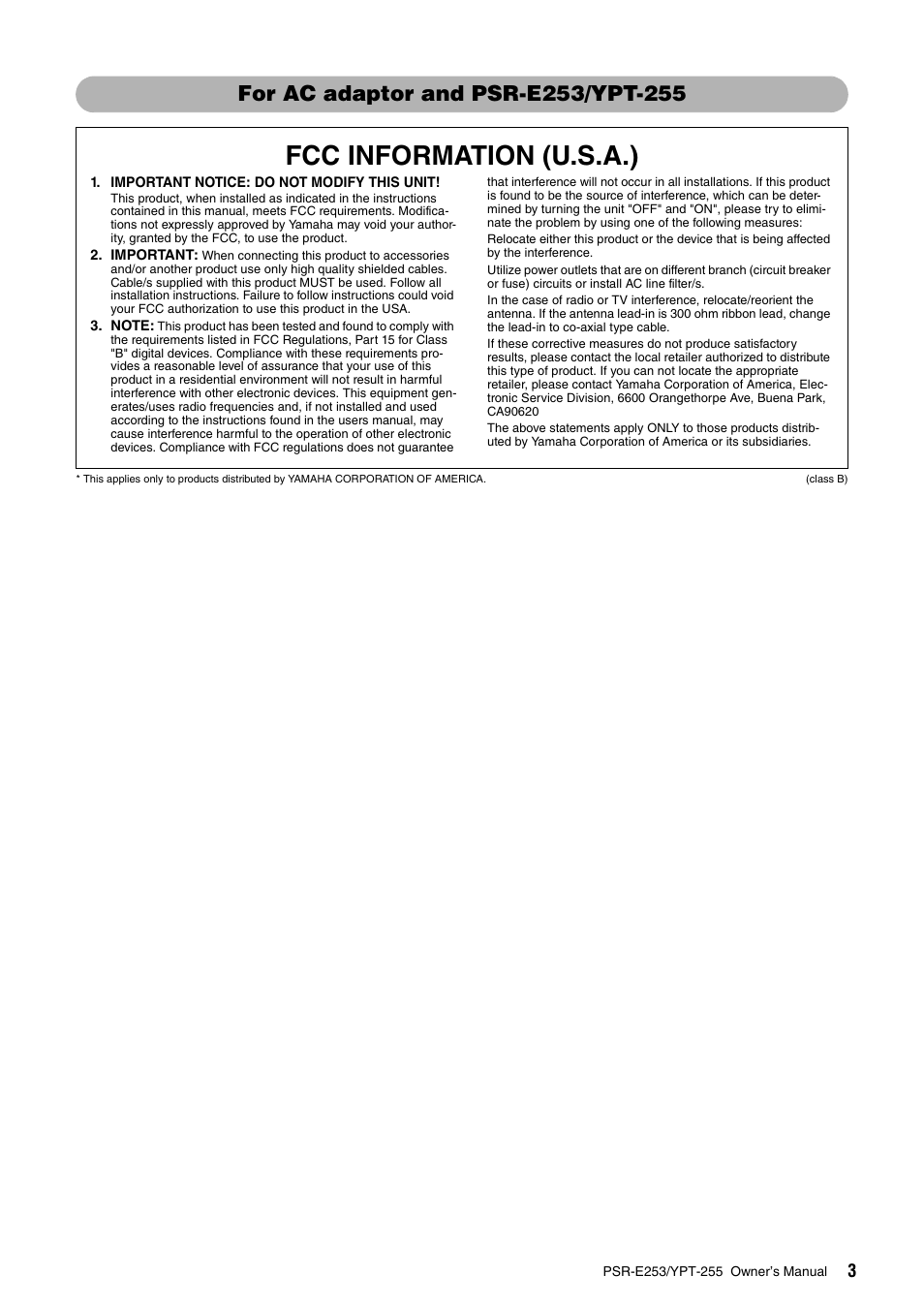 Fcc information (u.s.a.) | Yamaha PSR-E253 User Manual | Page 3 / 48