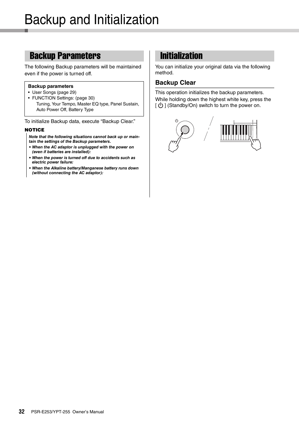 Backup and initialization, Backup parameters, Initialization | Backup parameters initialization | Yamaha PSR-E253 User Manual | Page 32 / 48