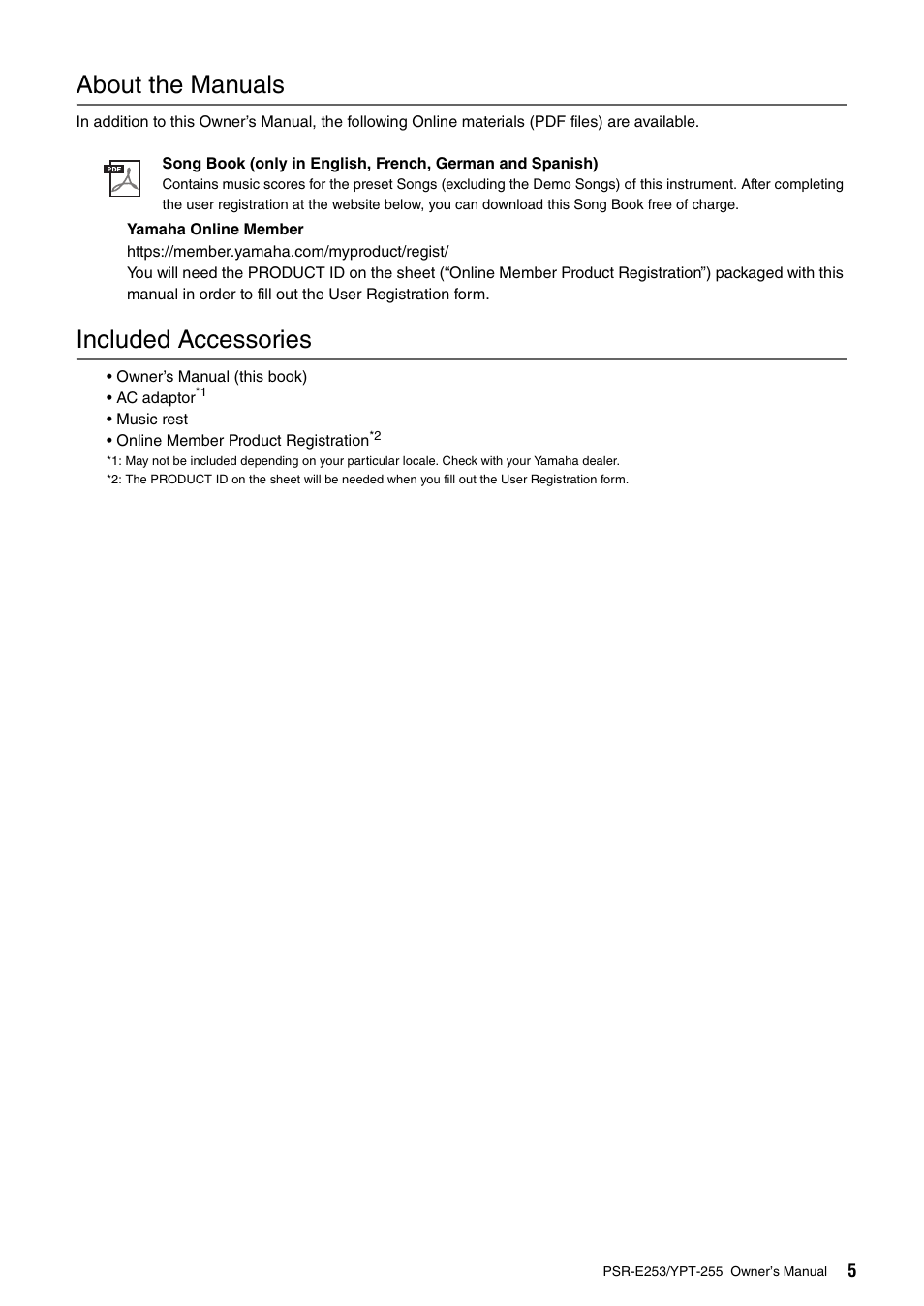 About the manuals, Included accessories | Yamaha PSR-E253 User Manual | Page 5 / 48