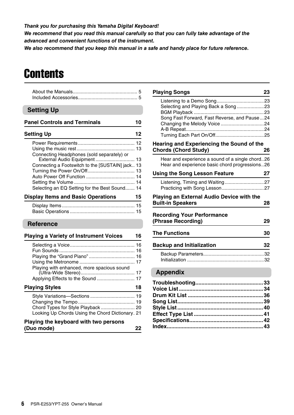 Yamaha PSR-E253 User Manual | Page 6 / 48