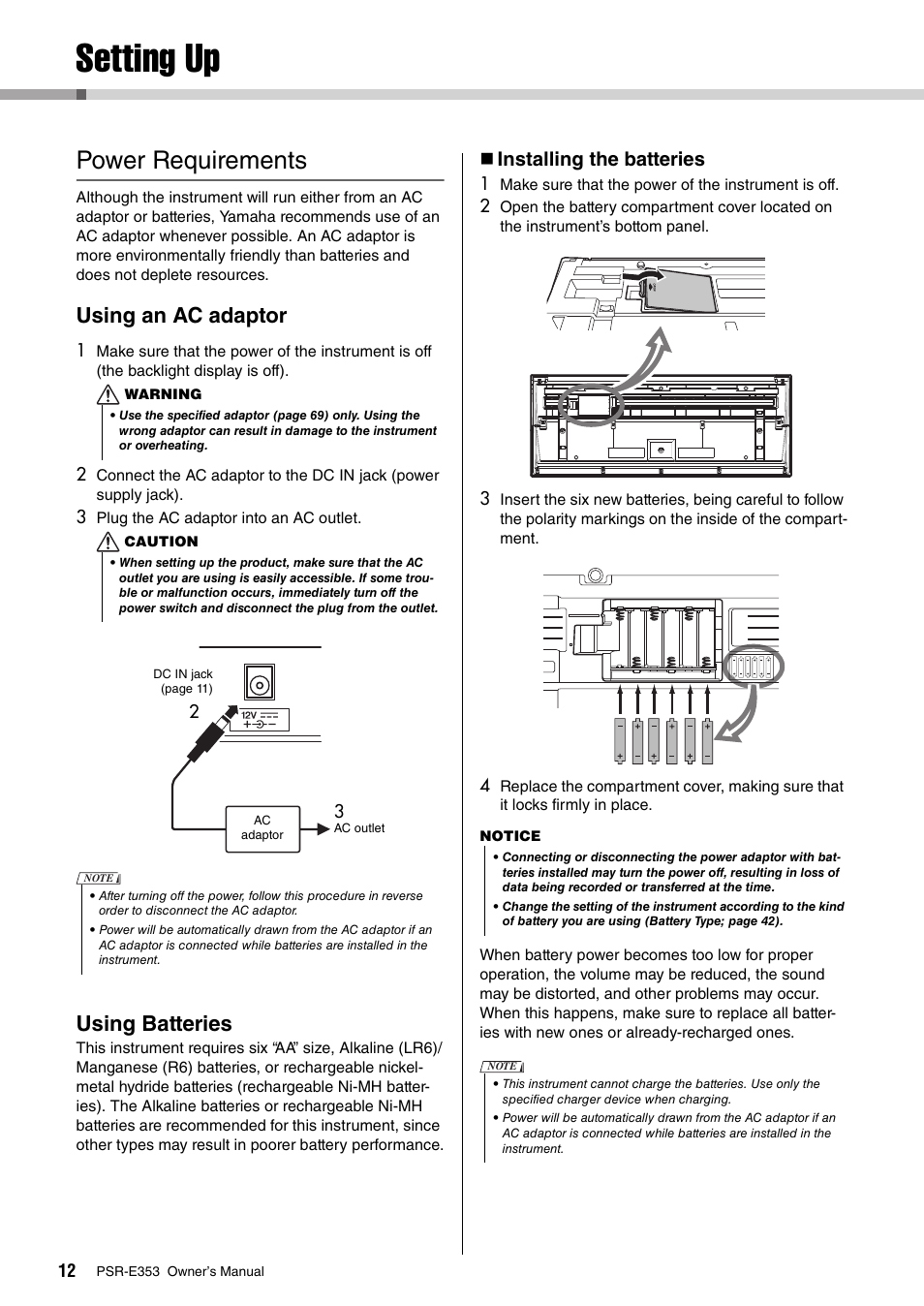 Setting up, Power requirements, Using an ac adaptor | Using batteries, Installing the batteries | Yamaha PSR-E353 User Manual | Page 12 / 76