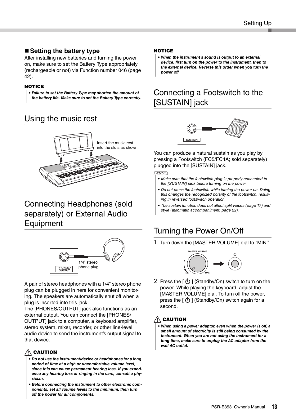 Using the music rest, Connecting a footswitch to the [sustain] jack, Turning the power on/off | External audio equipment, Setting the battery type, Setting up | Yamaha PSR-E353 User Manual | Page 13 / 76