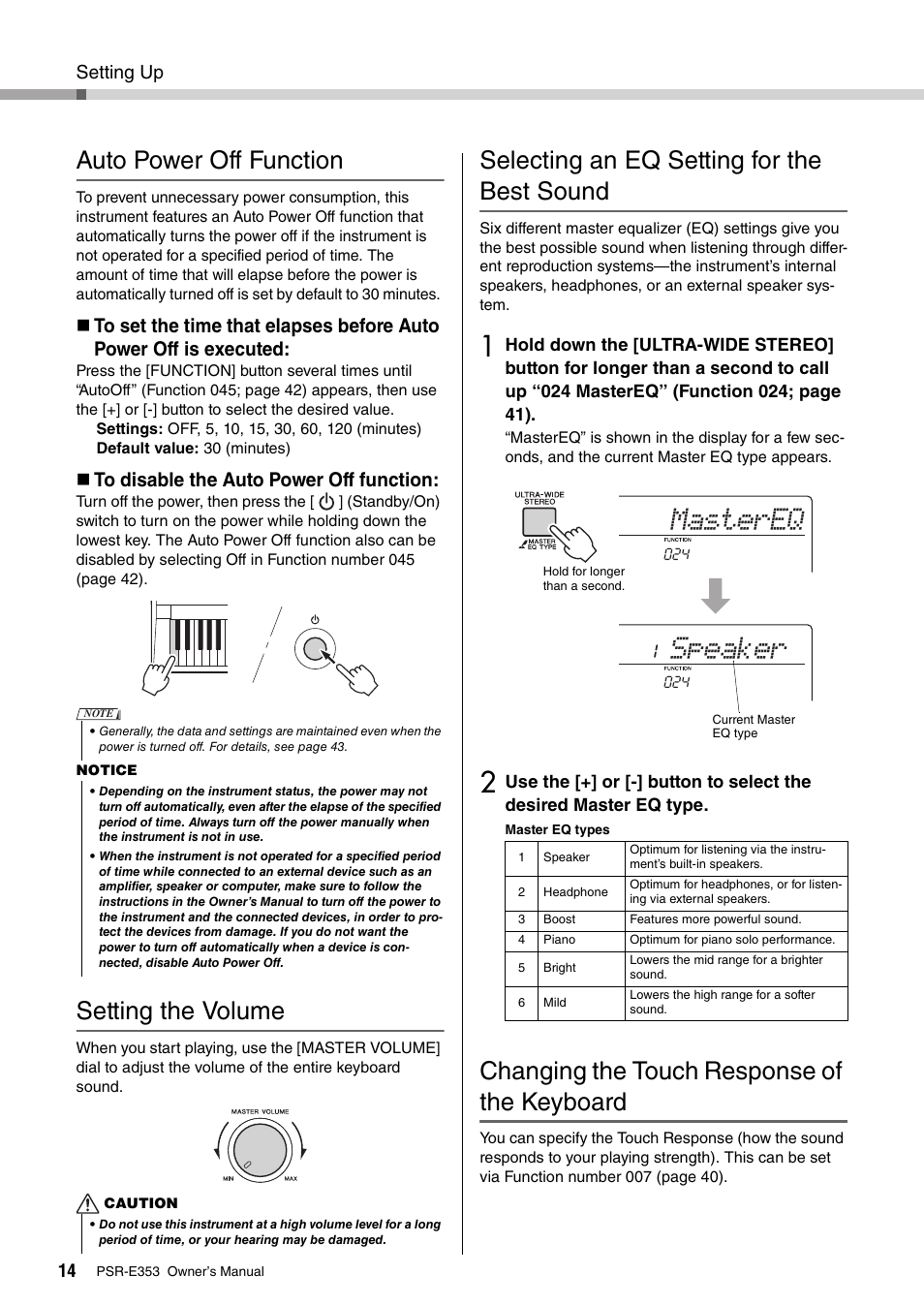 Auto power off function, Setting the volume, Selecting an eq setting for the best sound | Changing the touch response of the keyboard, Mastereq speaker | Yamaha PSR-E353 User Manual | Page 14 / 76