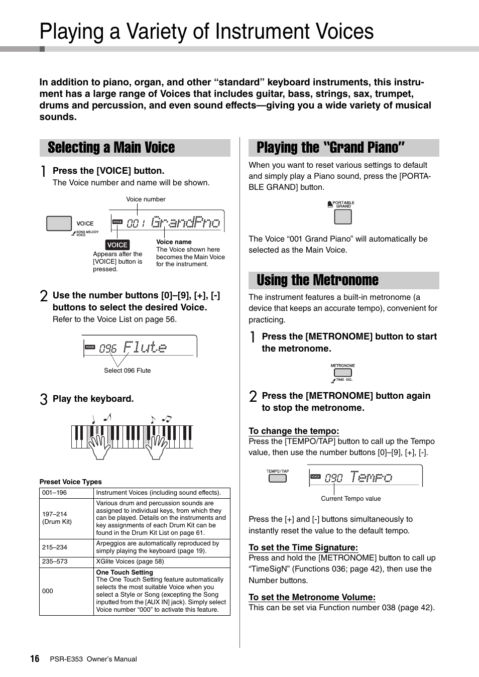 Reference, Playing a variety of instrument voices, Selecting a main voice | Playing the “grand piano, Using the metronome, Playing the “grand piano” using the metronome, Grandpno, Flute, Tempo | Yamaha PSR-E353 User Manual | Page 16 / 76