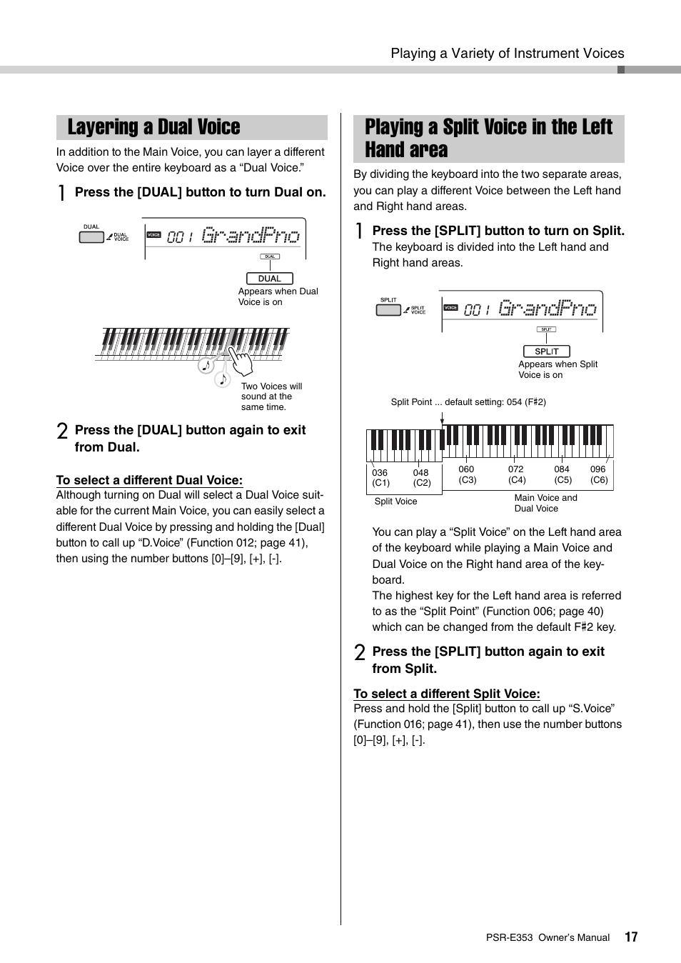 Layering a dual voice, Playing a split voice in the left hand area, Grandpno | Yamaha PSR-E353 User Manual | Page 17 / 76