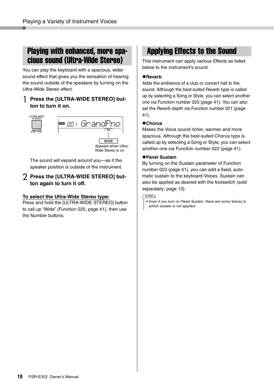 Applying effects to the sound, Playing with enhanced, more spacious sound, Ultra-wide stereo) | Grandpno | Yamaha PSR-E353 User Manual | Page 18 / 76