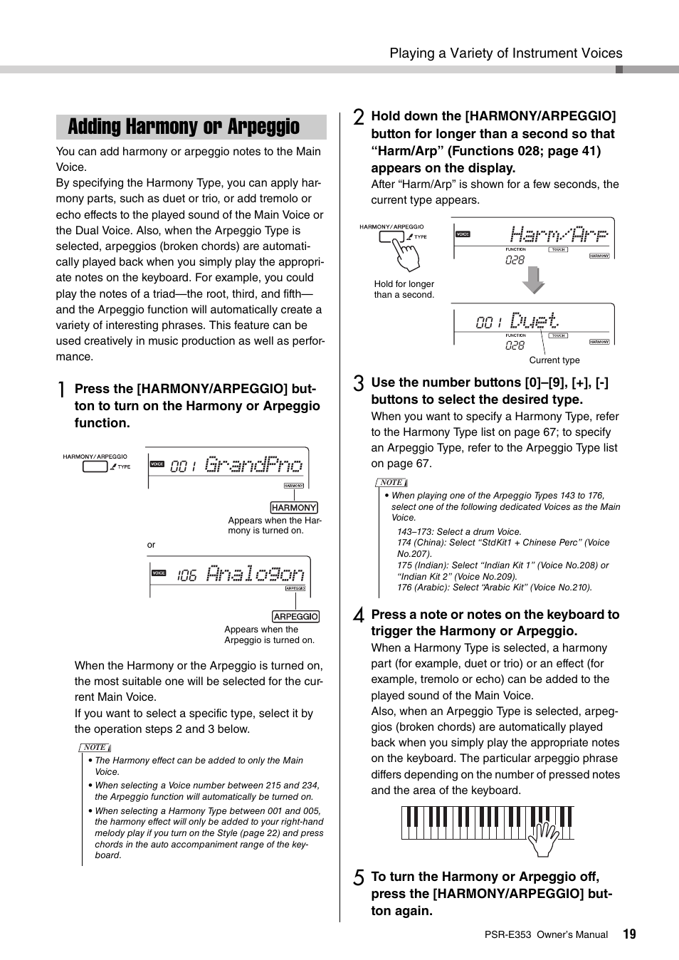 Adding harmony or arpeggio, Grandpno, Analogon | Duet, Harm/arp | Yamaha PSR-E353 User Manual | Page 19 / 76