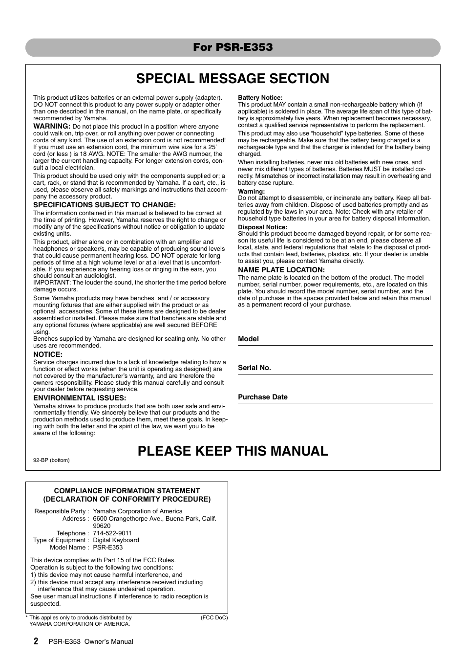 Please keep this manual, For psr-e353 | Yamaha PSR-E353 User Manual | Page 2 / 76