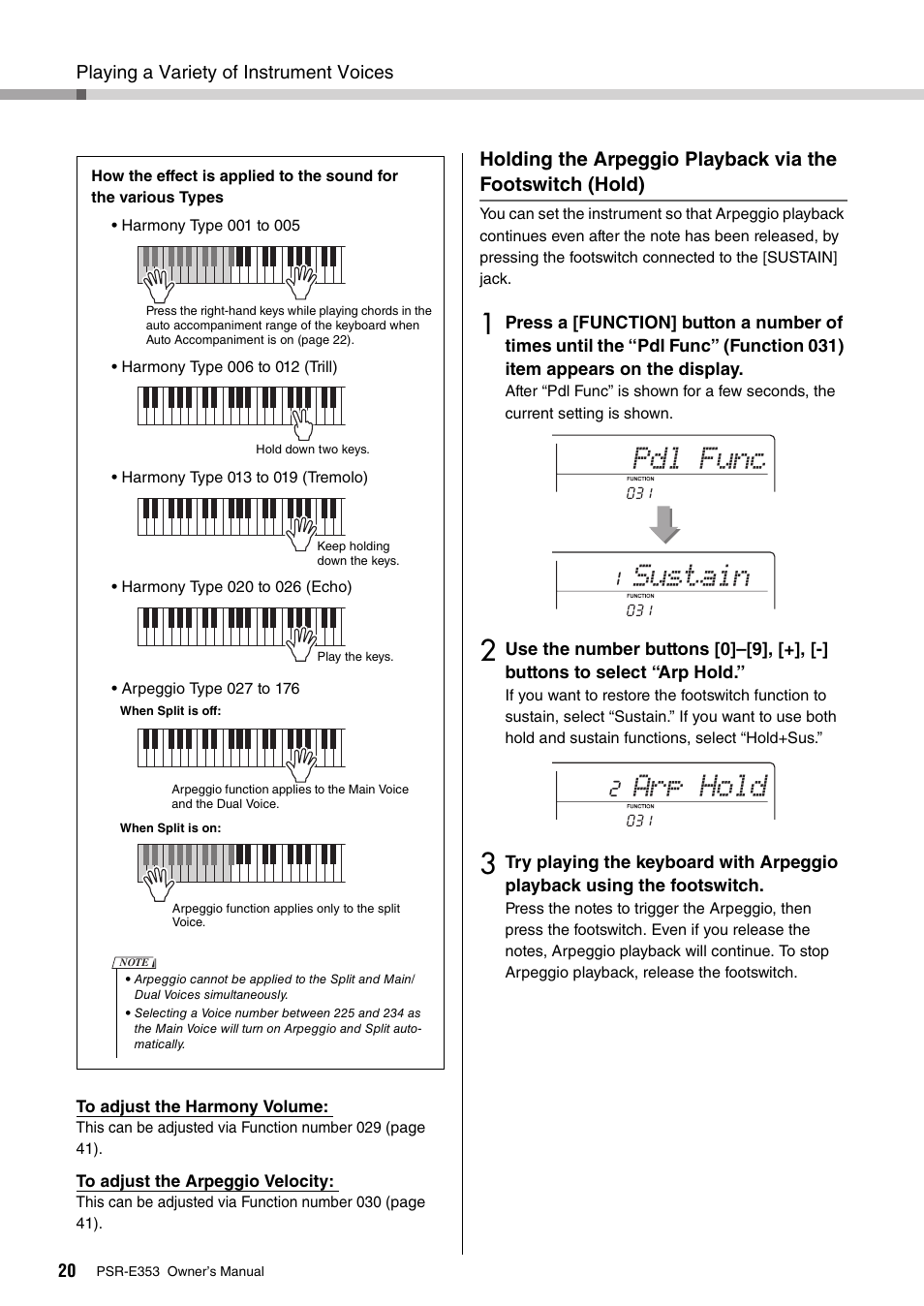 Pdl func sustain, Arp hold | Yamaha PSR-E353 User Manual | Page 20 / 76