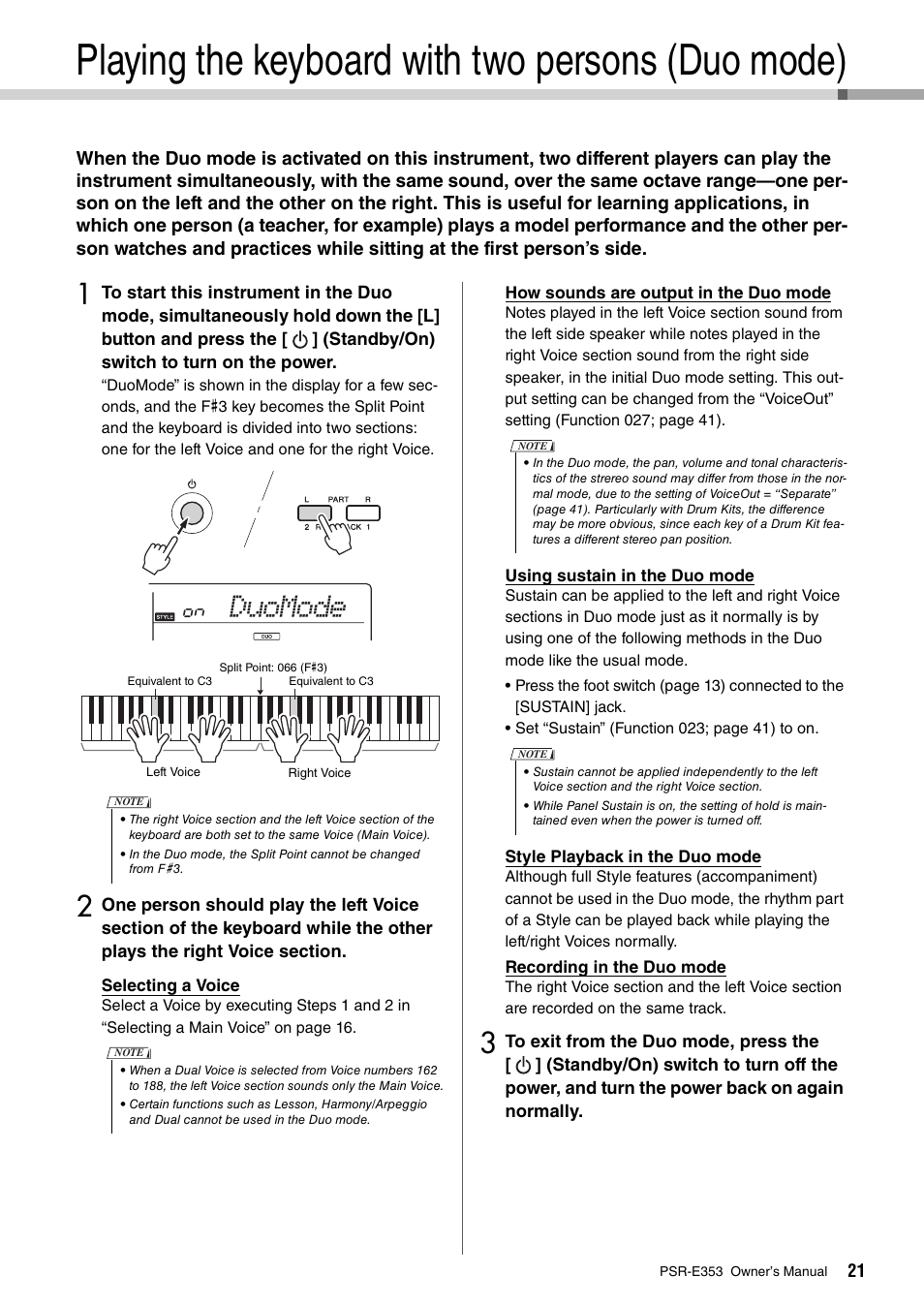 Playing the keyboard with two persons (duo mode), Duomode | Yamaha PSR-E353 User Manual | Page 21 / 76