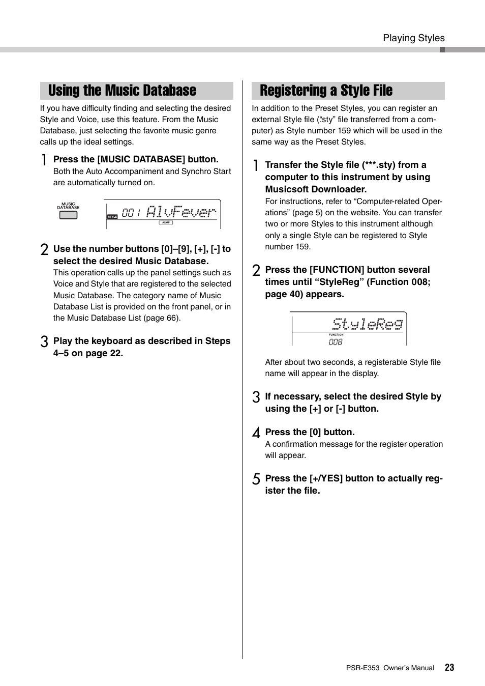 Using the music database, Registering a style file, Using the music database registering a style file | Alvfever, Stylereg | Yamaha PSR-E353 User Manual | Page 23 / 76