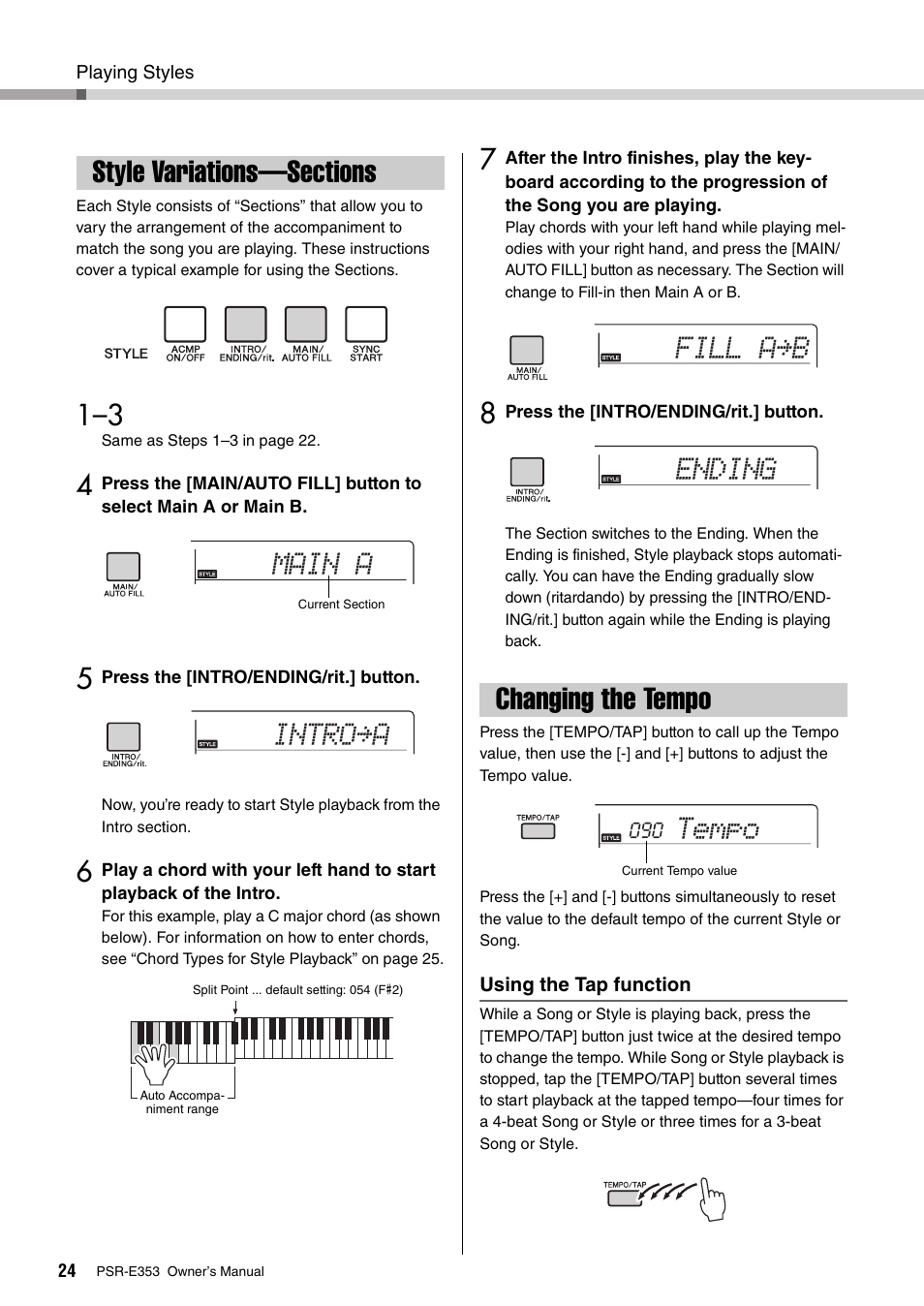 Style variations—sections, Changing the tempo, Style variations—sections changing the tempo | Main a, Intro≥a, Fill a≥b ending tempo | Yamaha PSR-E353 User Manual | Page 24 / 76
