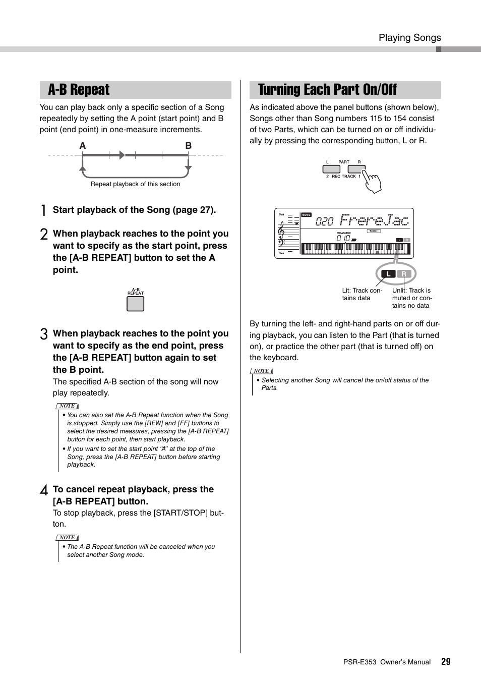 A-b repeat, Turning each part on/off, A-b repeat turning each part on/off | Frerejac | Yamaha PSR-E353 User Manual | Page 29 / 76