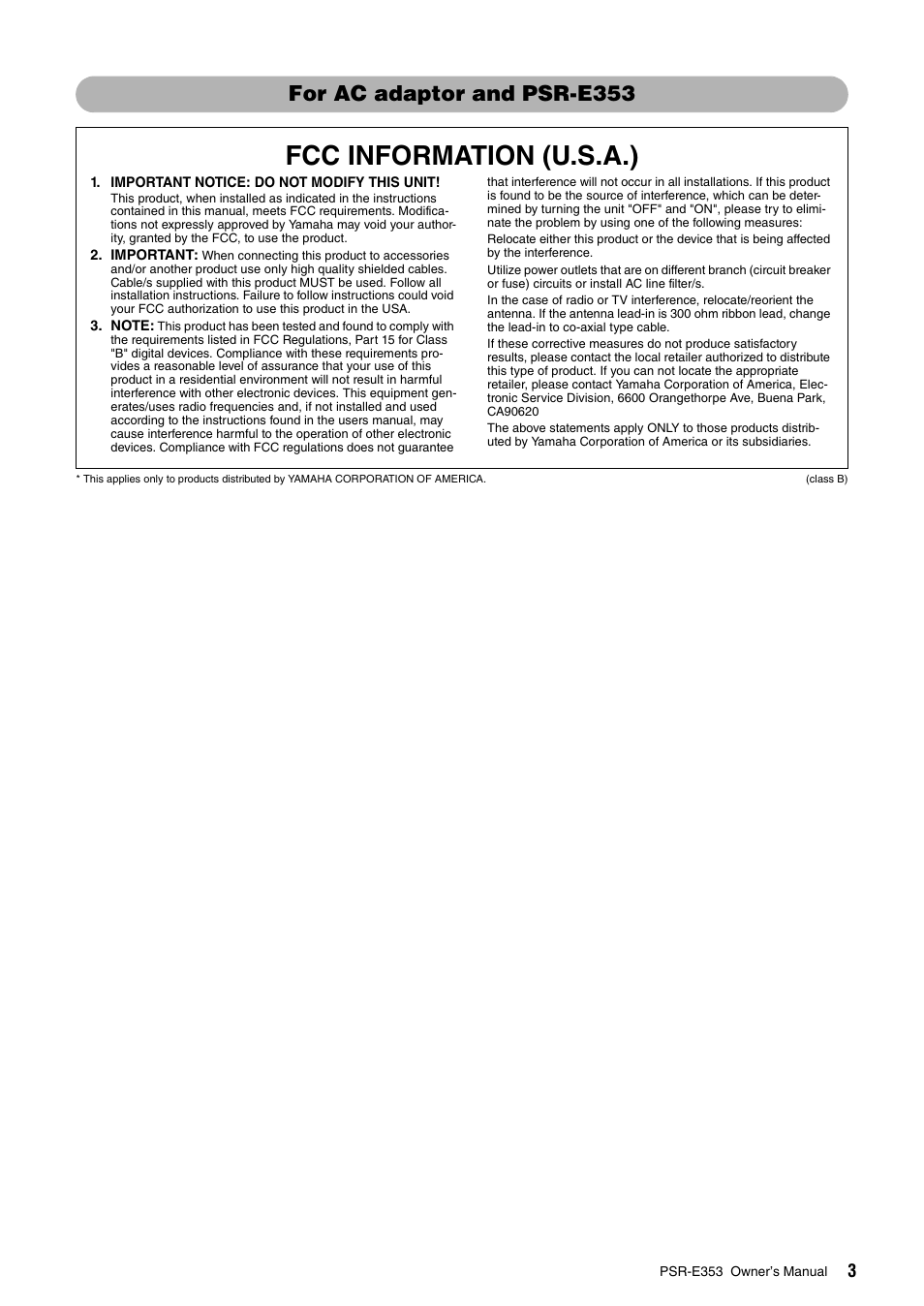 Fcc information (u.s.a.), For ac adaptor and psr-e353 | Yamaha PSR-E353 User Manual | Page 3 / 76