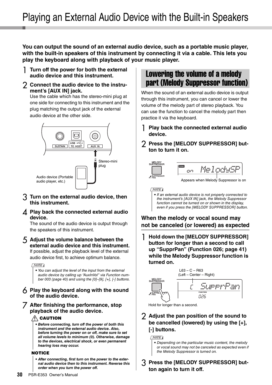 Lowering the volume of a melody part (melody, Suppressor function), Melodysp | Supprpan | Yamaha PSR-E353 User Manual | Page 30 / 76