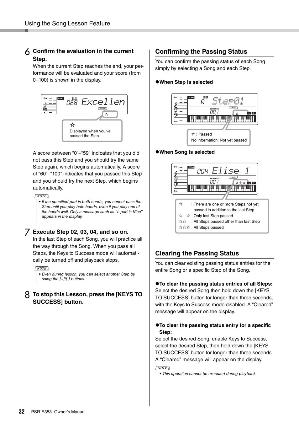 Excellen, Step01, Elise 1 | Confirming the passing status, Clearing the passing status | Yamaha PSR-E353 User Manual | Page 32 / 76