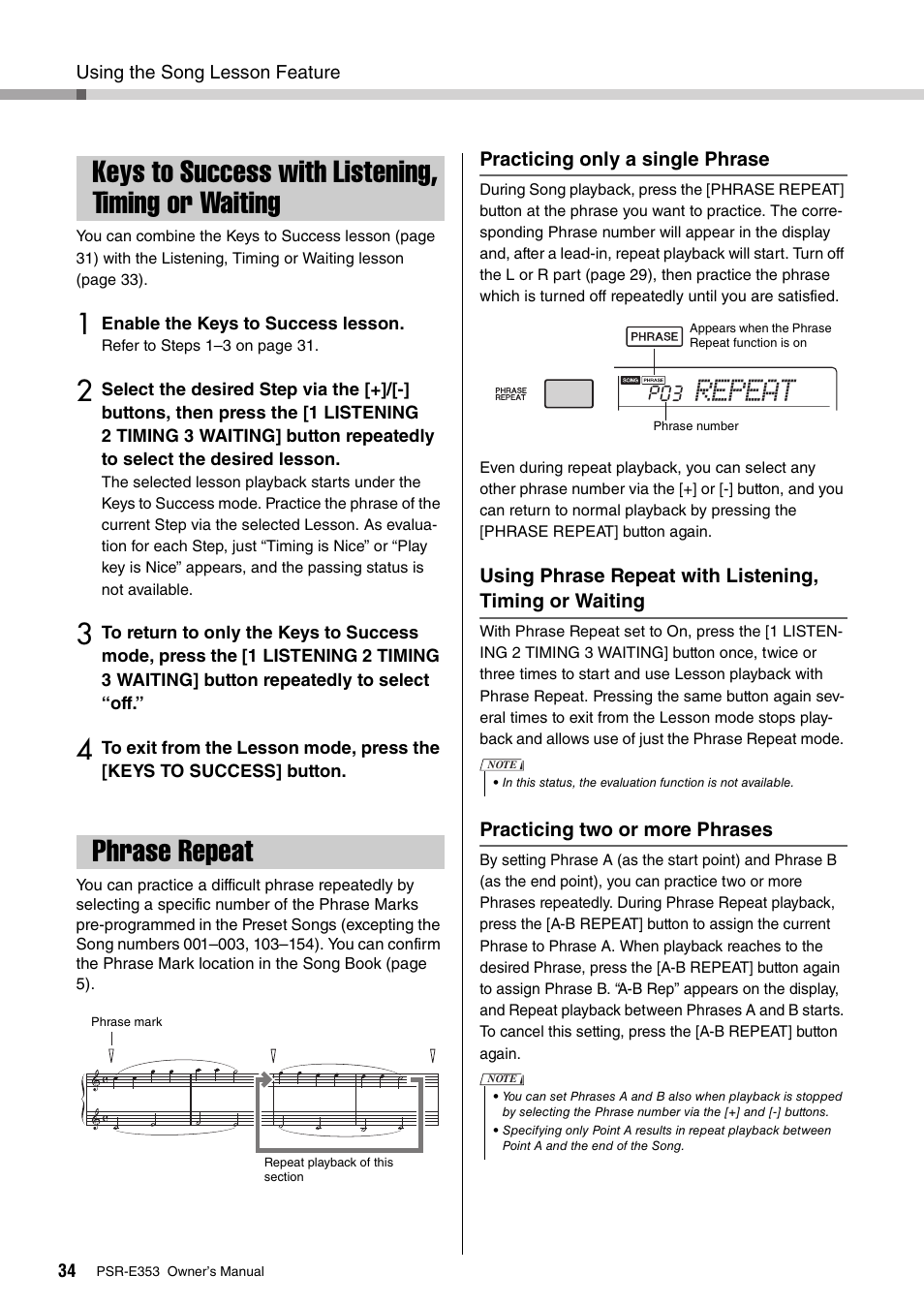 Keys to success with listening, timing or waiting, Phrase repeat, Repeat | Yamaha PSR-E353 User Manual | Page 34 / 76