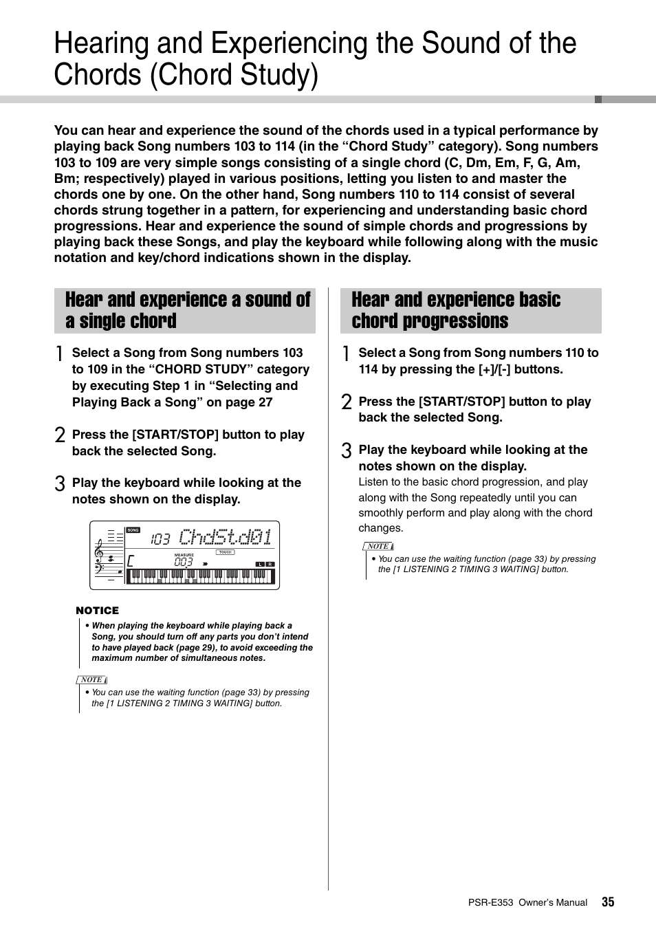 Hear and experience a sound of a single chord, Hear and experience basic chord progressions, Chdstd01 | Yamaha PSR-E353 User Manual | Page 35 / 76