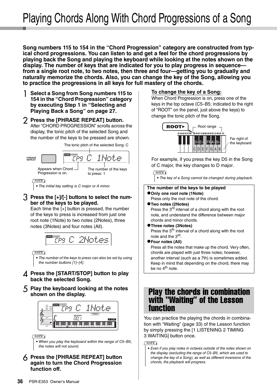 Play the chords in combination with “waiting, Of the lesson function | Yamaha PSR-E353 User Manual | Page 36 / 76
