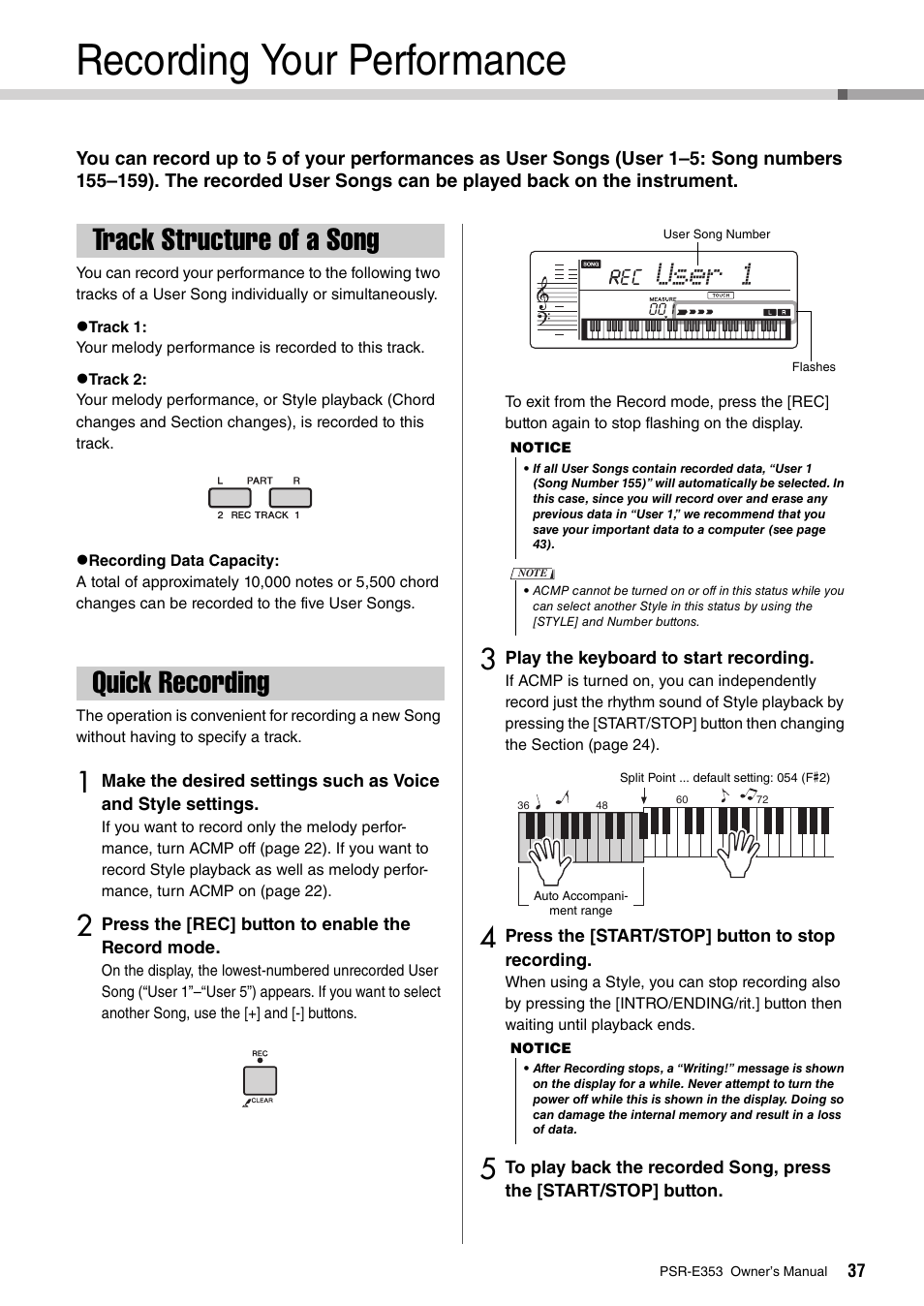 Recording your performance, Track structure of a song, Quick recording | Track structure of a song quick recording, User 1 | Yamaha PSR-E353 User Manual | Page 37 / 76