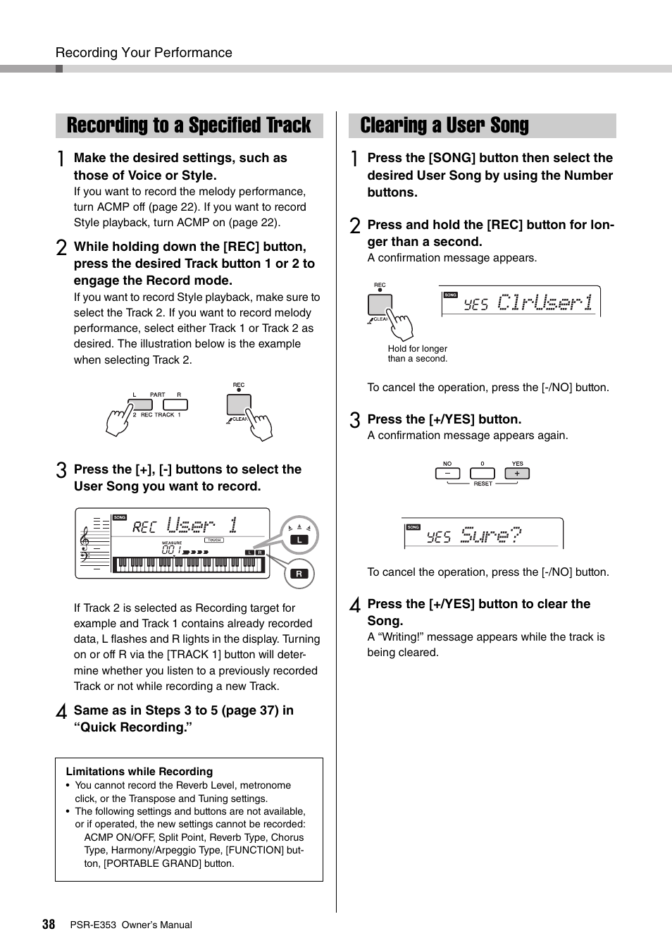 Recording to a specified track, Clearing a user song, User 1 | Clruser1, Sure | Yamaha PSR-E353 User Manual | Page 38 / 76