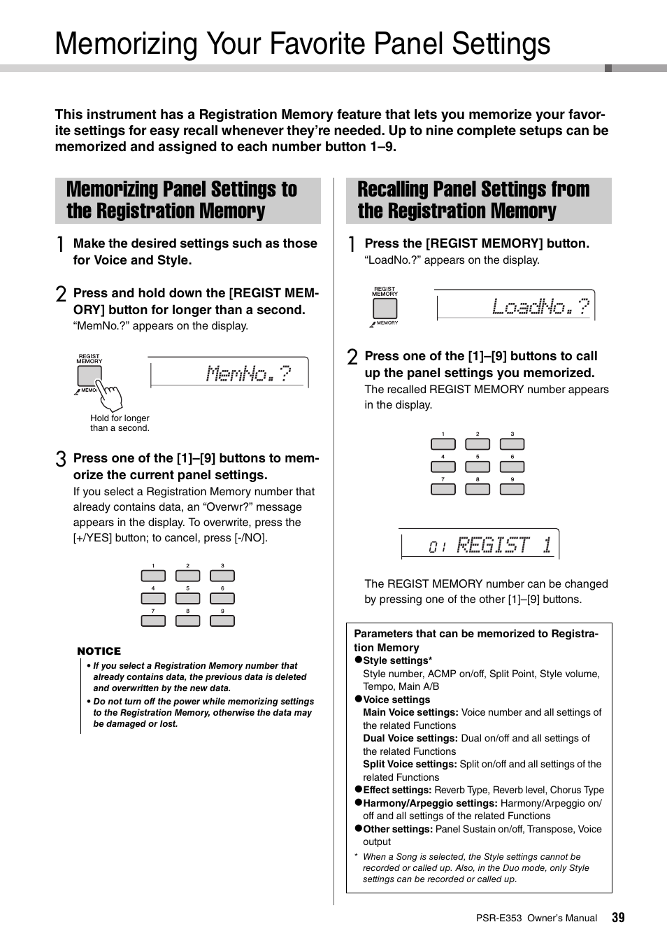 Memorizing your favorite panel settings, Memorizing panel settings to the registration, Memory | Recalling panel settings from the registration, Memno, Loadno.? regist 1 | Yamaha PSR-E353 User Manual | Page 39 / 76